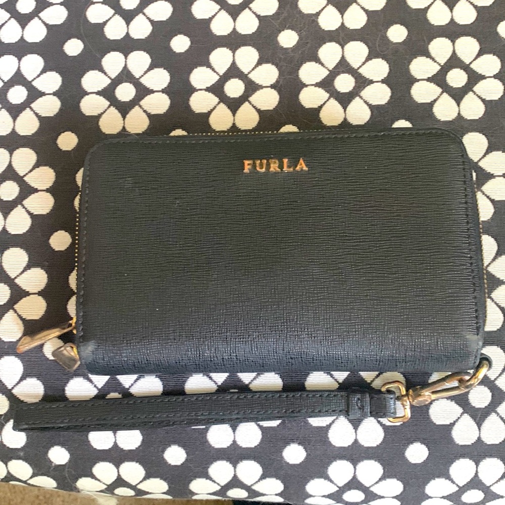 Black leather Furla wristlet wallet coin purse